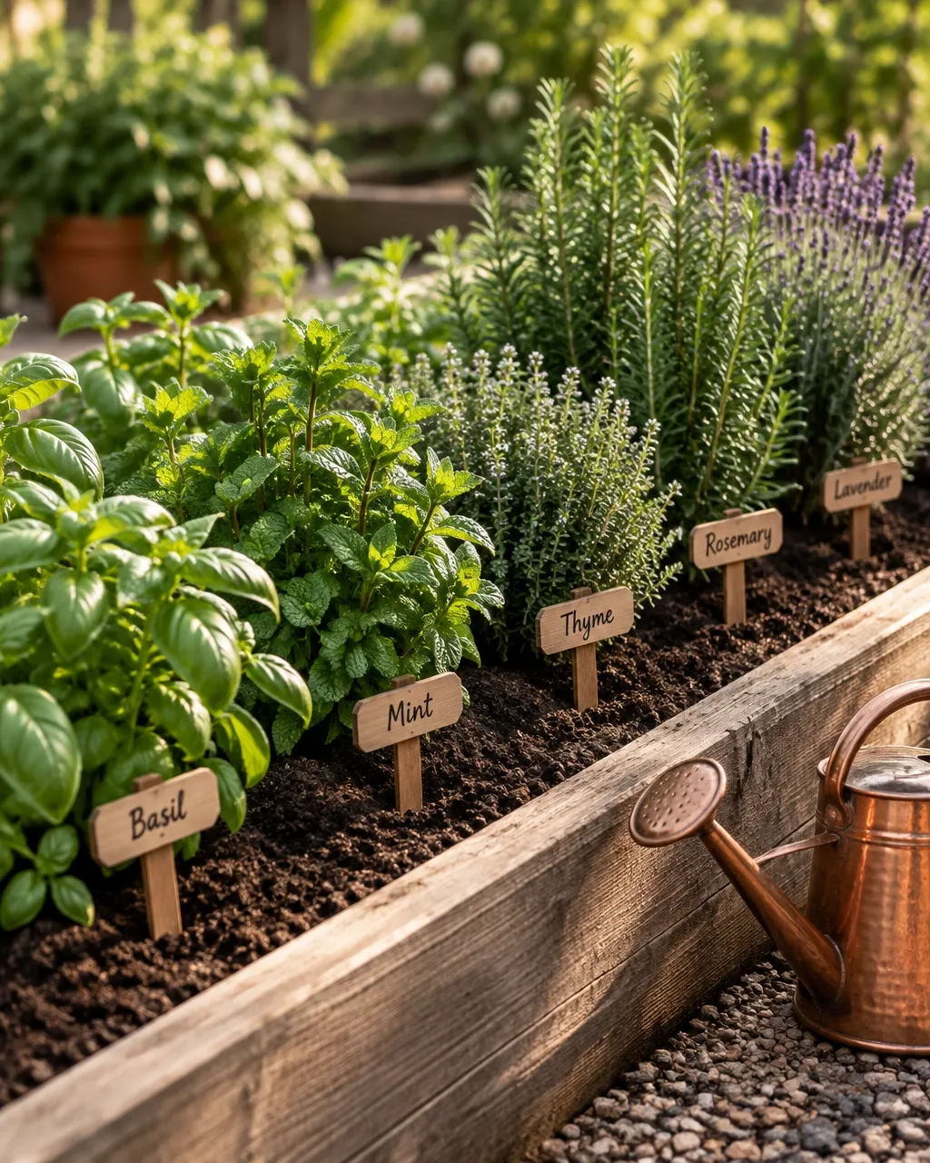 Lush herb garden bed with wooden labels for basil, mint, thyme, rosemary and lavender