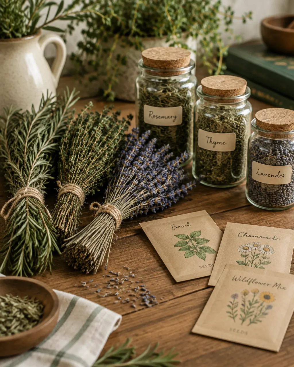 Dried herbs in labeled jars beside seed packets on a wooden table