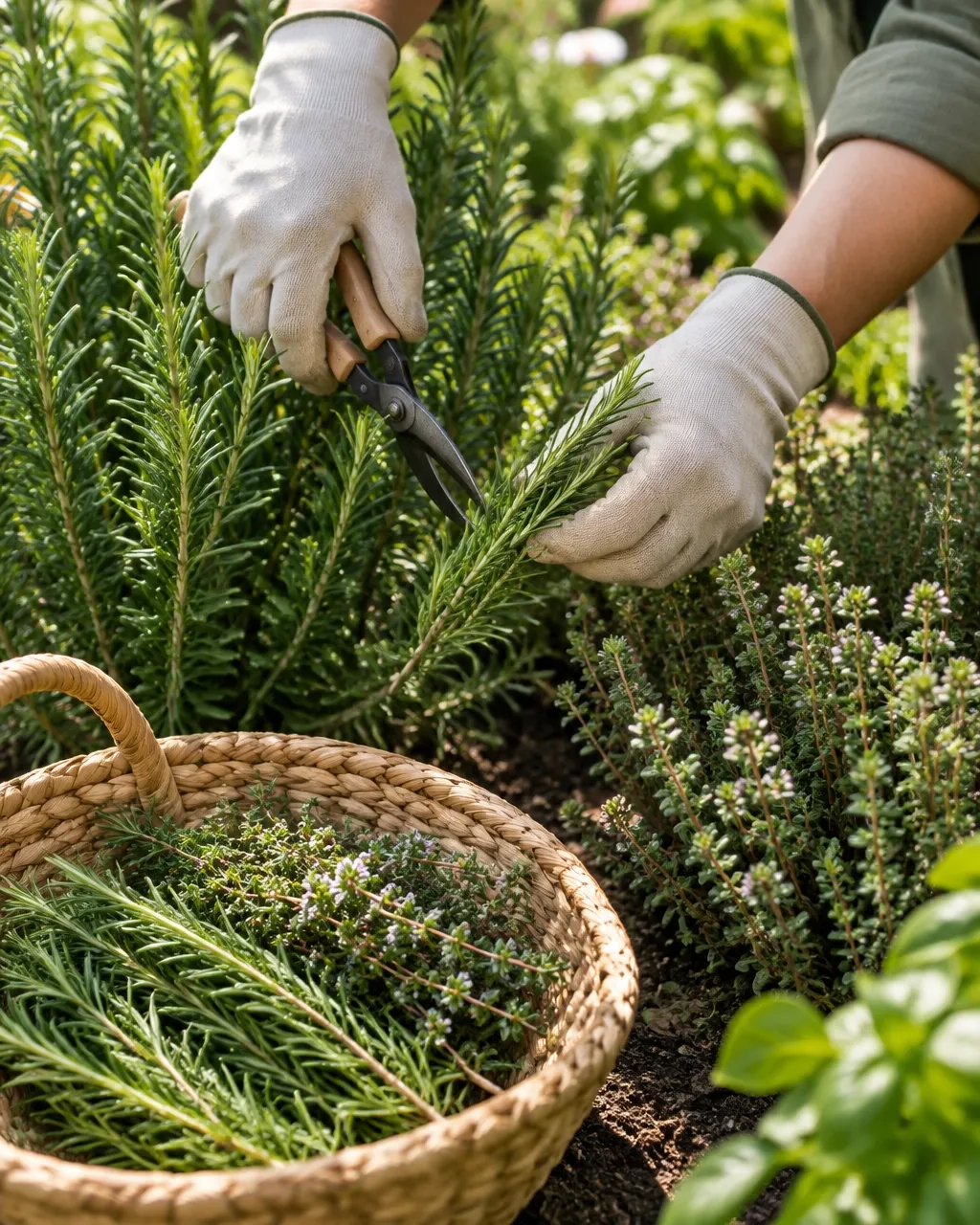 Gloved hands harvesting rosemary into a woven basket