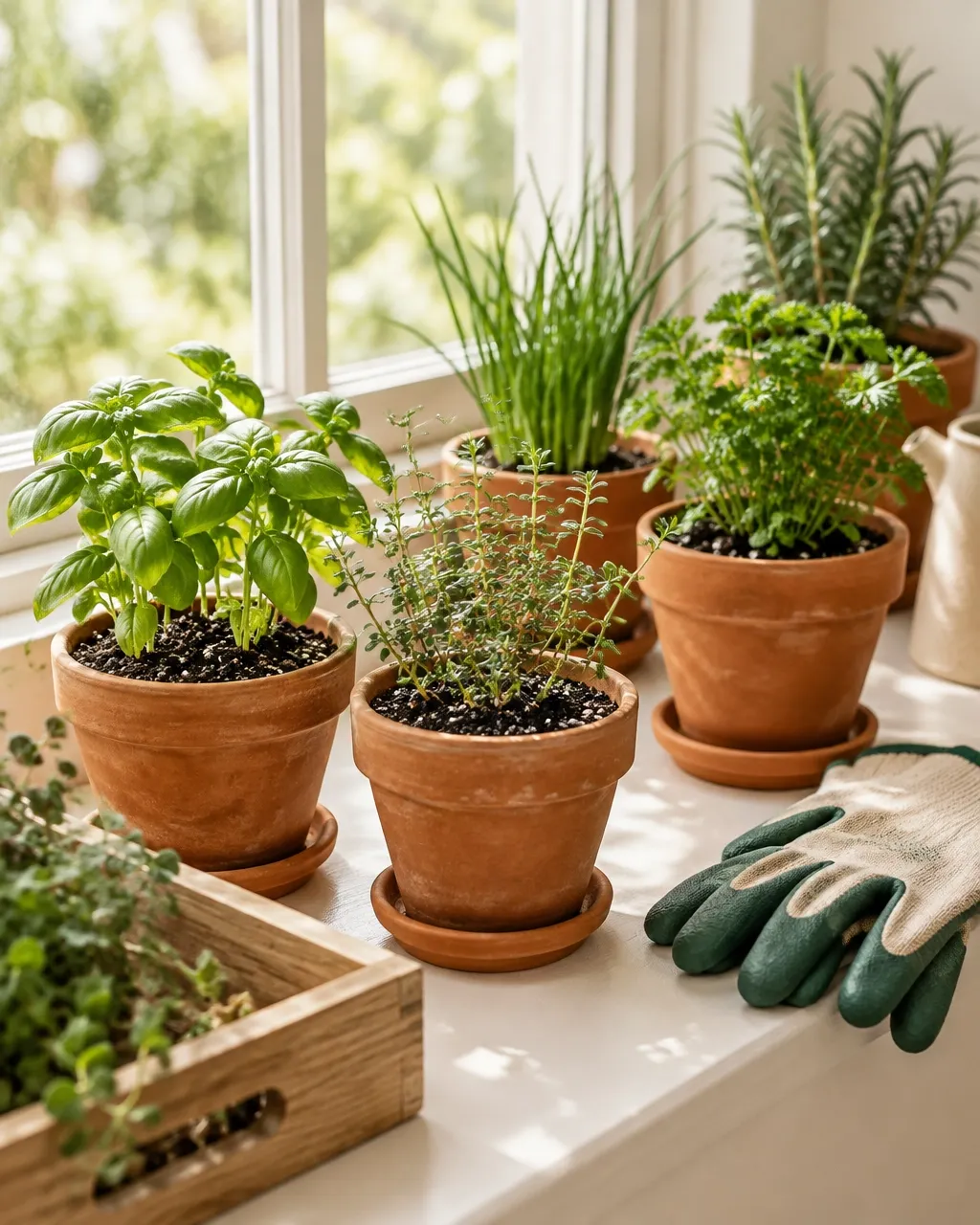 Herb seedlings in terracotta pots on a sunny windowsill