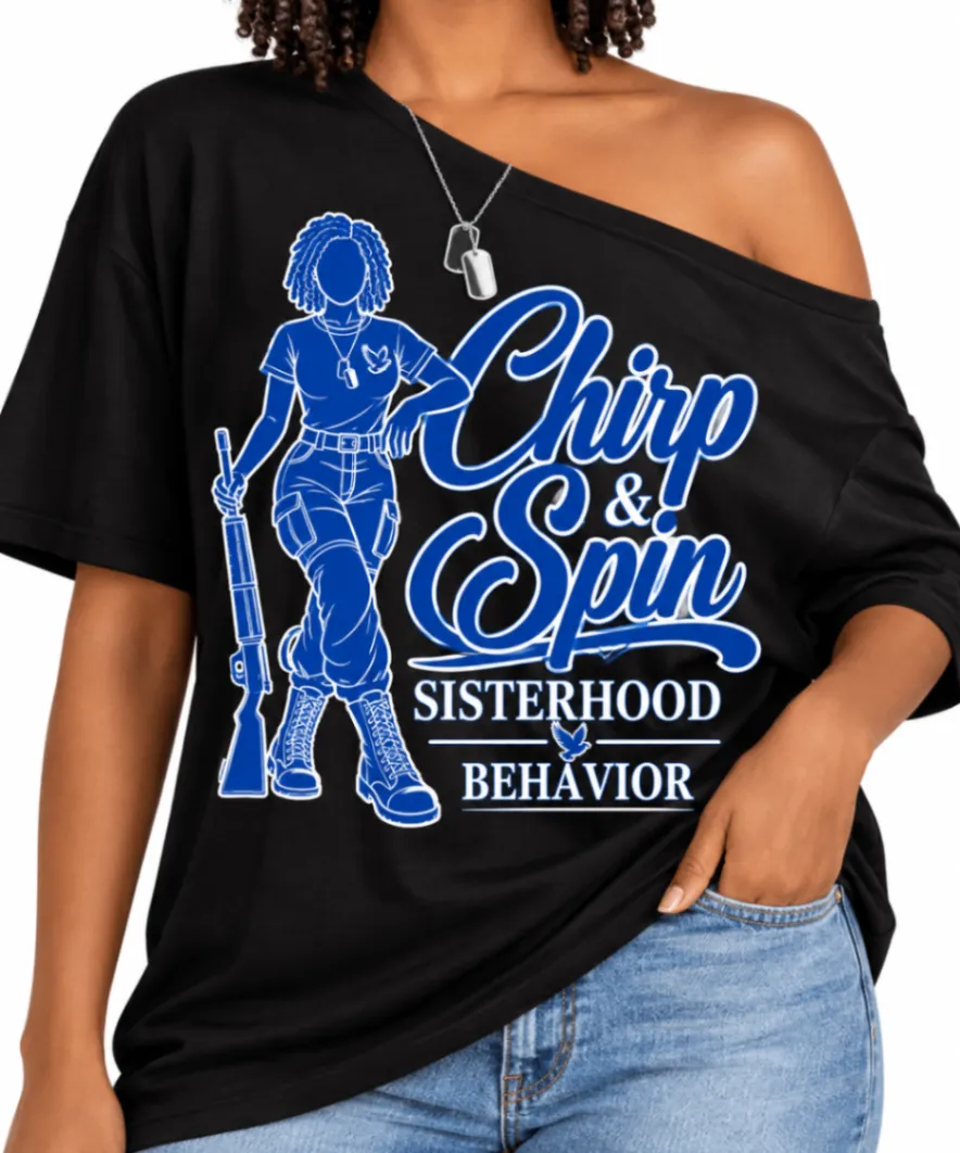 Black off-shoulder Chirp and Spin graphic tee.