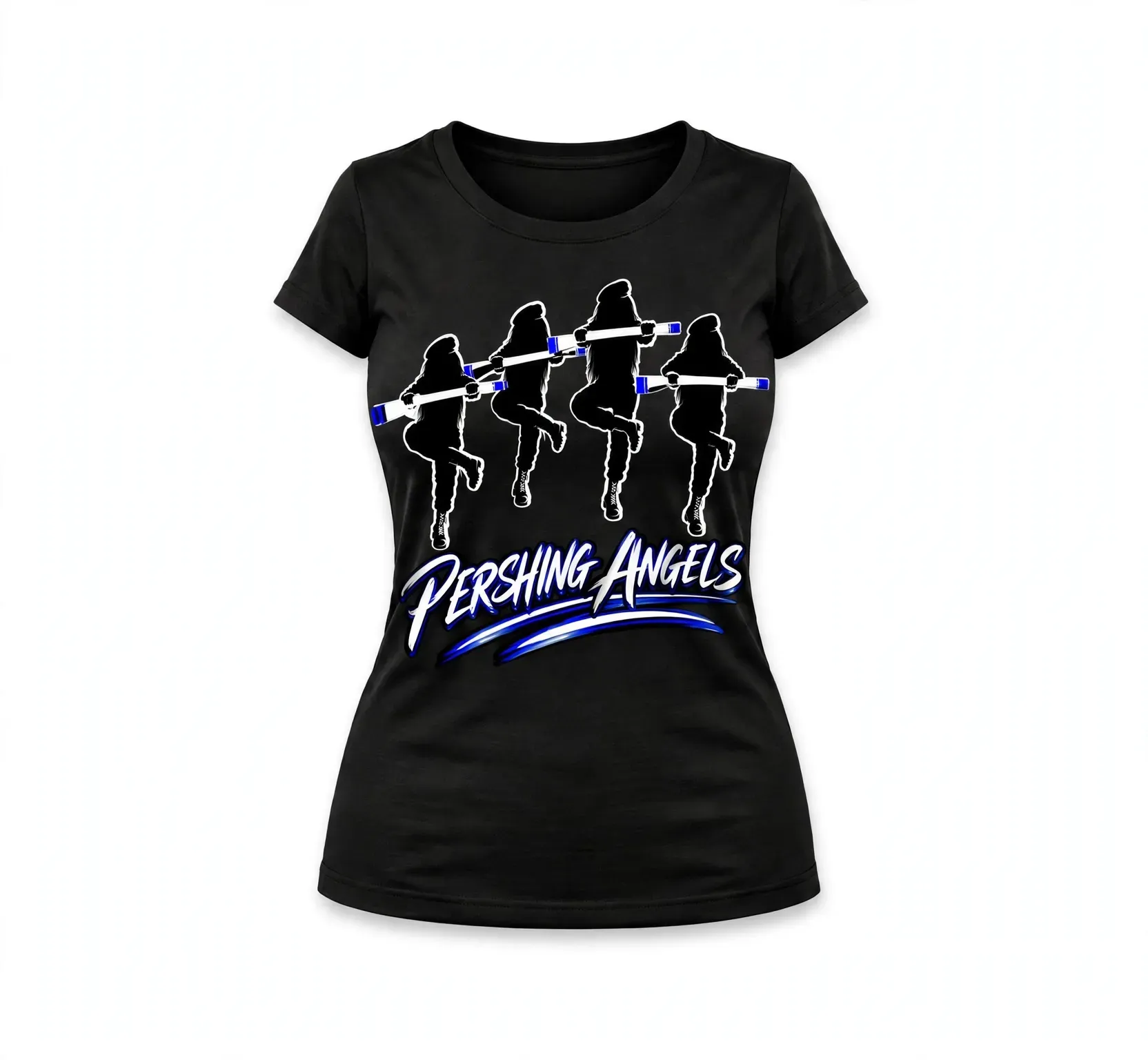 Black tee with a Pershing Angels silhouette print.