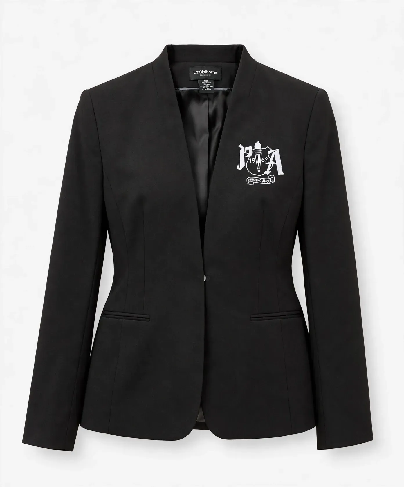 Black tailored Pershing Angels blazer with embroidered emblem.