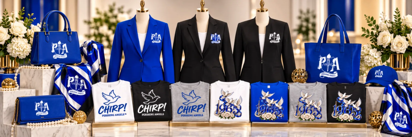 Signature collection of Pershing Angels blazers, tees, bags and scarves.