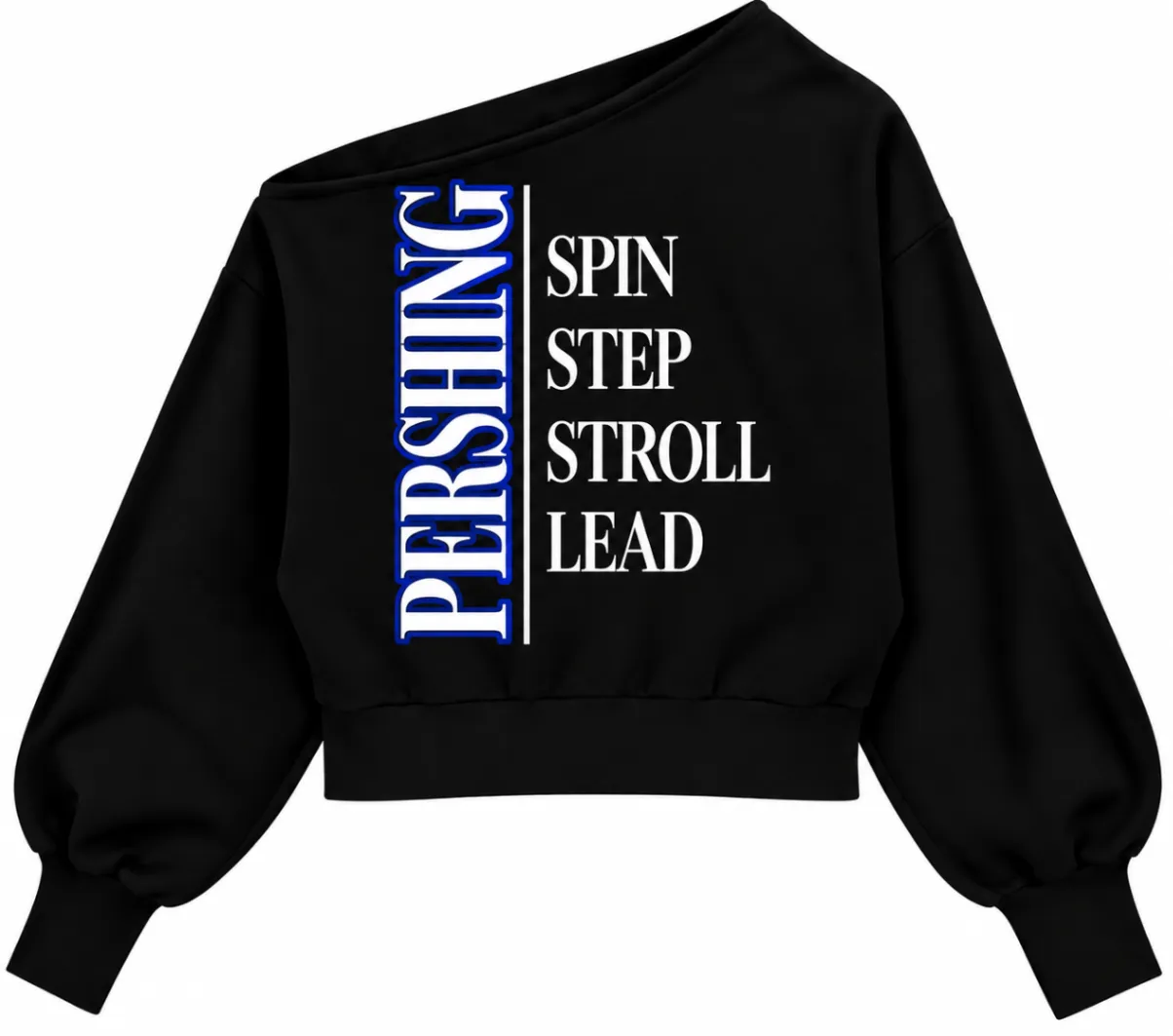 Black cropped sweatshirt with Spin Step Stroll Lead type print.