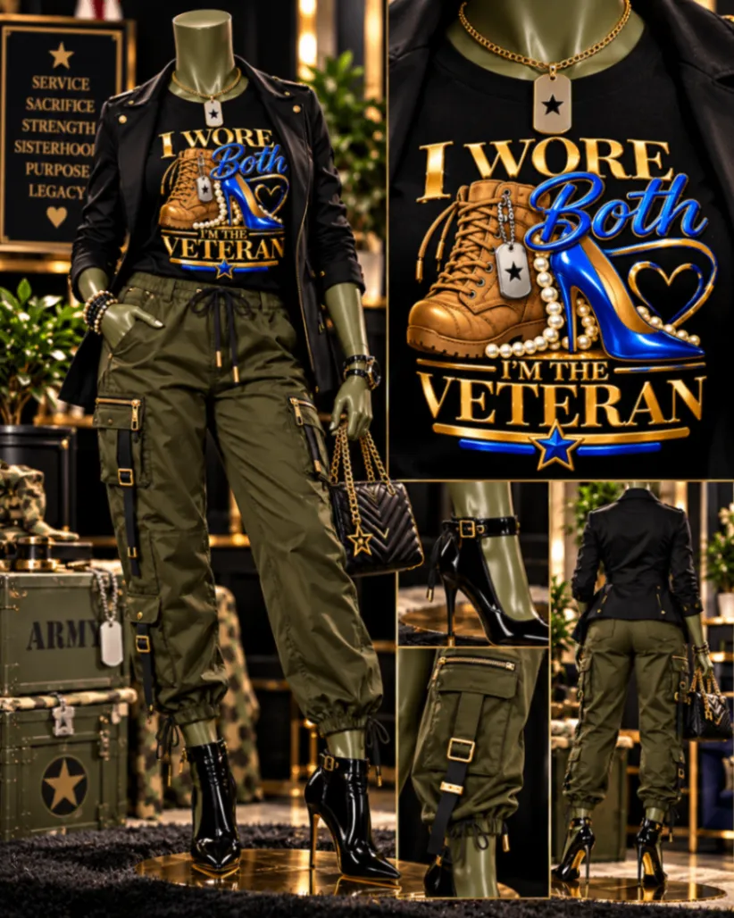 Veteran Sisterhood apparel collage with a statement tee.