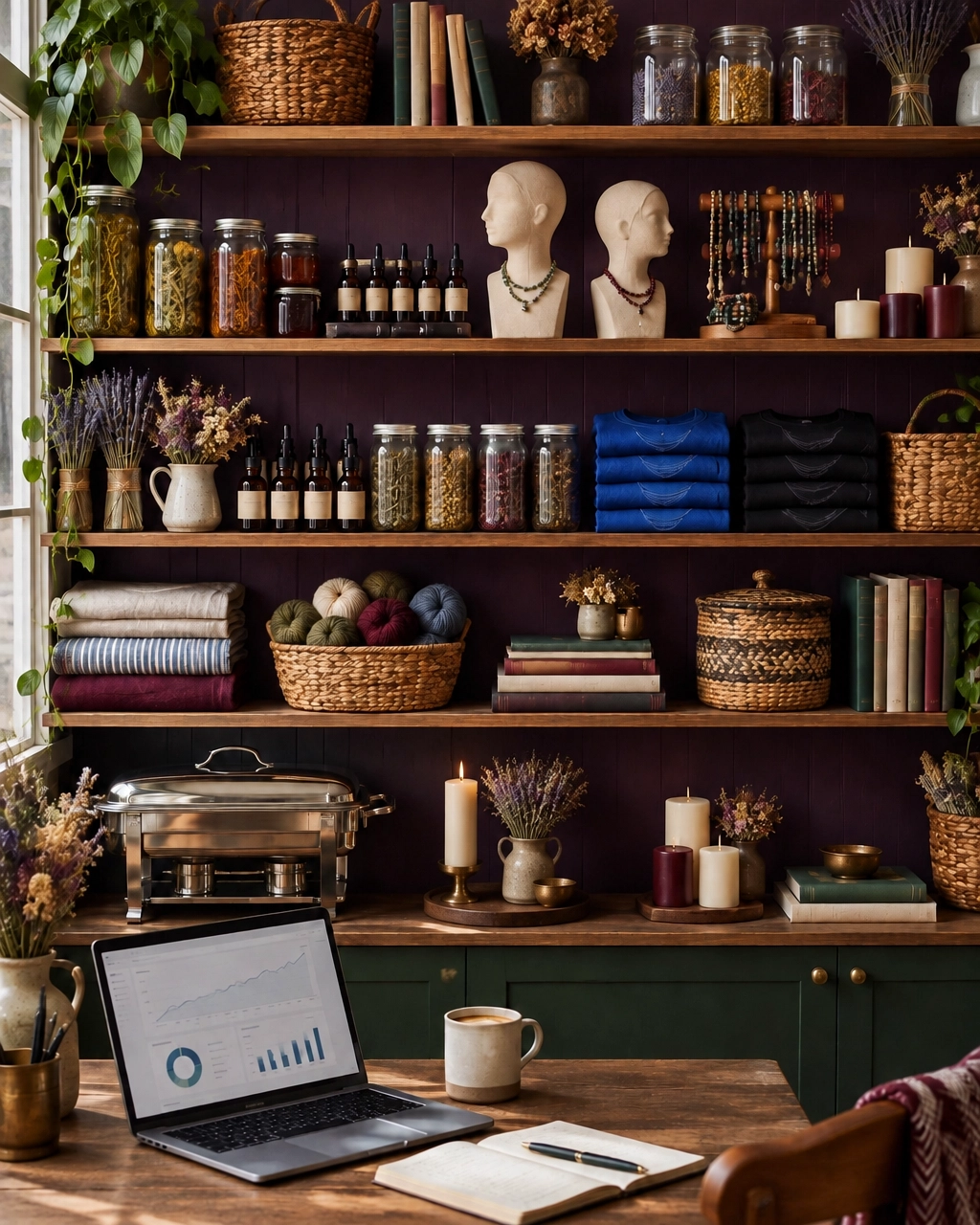 Warm wooden desk with a business strategy notebook, laptop dashboard, potted herb, royal blue t-shirt and embroidered blazer